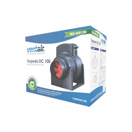 TORPEDO DC 100 - Energy saving DC 100mm Mixflow Inline Exhaust Fan with Speed Control, 24/7 continuous trickle, standard on/off or 10min run on timer mode