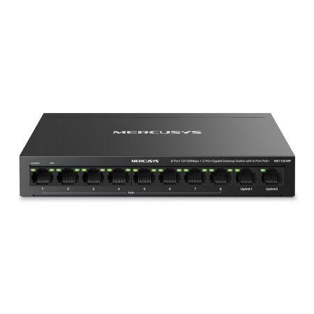 TP-LINK MERCUSYS 10-PORT DESKTOP SWITCH, GbE(2), LAN(8), POE+(8), 115W, METAL CASE, 5YR