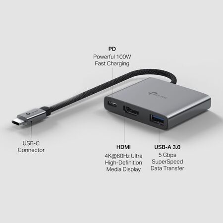 TP-LINK 3 PORT HUB, 100W PD(1), USB-A 3.0(1), HDMI 4K@60Hz(1), 1YR