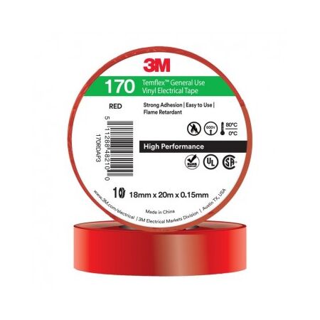 TAPE, VINYL ELECTRICAL 170 TEMFLEX, RED, 18mm x 20m