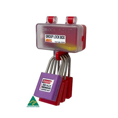 GROUP LOCK BOX, RED W/CLR LID 4 PADLOCK HOLES