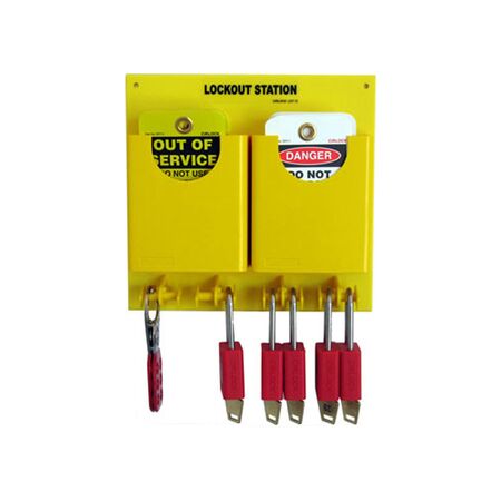 LOCKOUT STATION WITH 5 RED PADLOCKS, HASP, VARIOUS TAGS