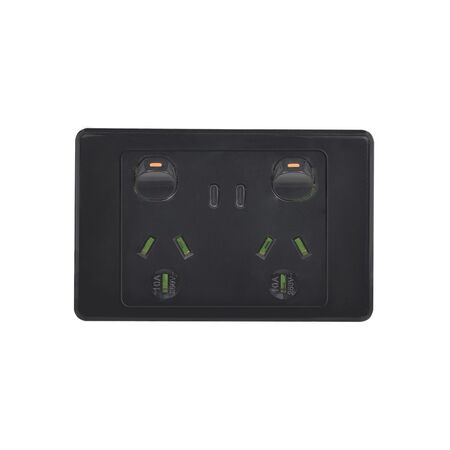 Power Point Switched 2 Gang 10A 250V With USB Charger Dual Integrated Type A & C 5V 1.7A 3.4A Black