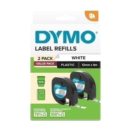 LETRATAG PLASTIC LABEL TAPE BLACK ON WHITE 12mm x 4m [2]PK