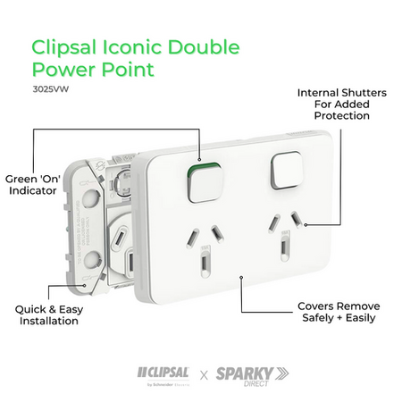 SKIN Socket SWVERTTWN 1EXSW | Vertical Twin Power Point | Vivid White Finish | by Clipsal