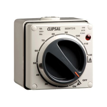 Switch Surf Timer PVC DP 16A | IP66 Rated | UV-Stabilised Enclosure | Rotary Timer Function | @Pack of 1 | by Clipsal