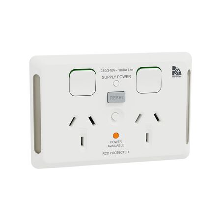 Medilec twin switched socket outlet with integrated 10mA RCD protection