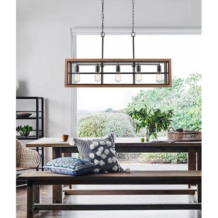 Pendant Light 5 Light ES Rectangular Oak Wood 1066mm CLA Lighting