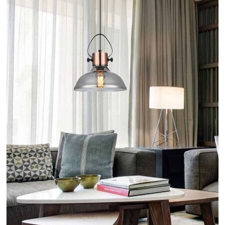 Pendant Light ES Smoke Glass Dome Copper 250mm CLA Lighting