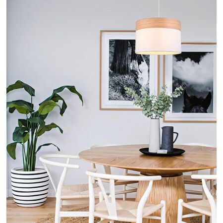 Pendant ES White Cloth Round Wood Trim Medium 300mm CLA Lighting