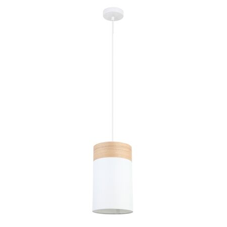 Pendant ES White Cloth Oblong Wood Trim Small 150mm CLA Lighting