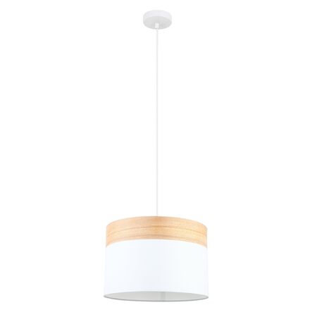 Pendant ES White Cloth Round Wood Trim Medium 300mm CLA Lighting
