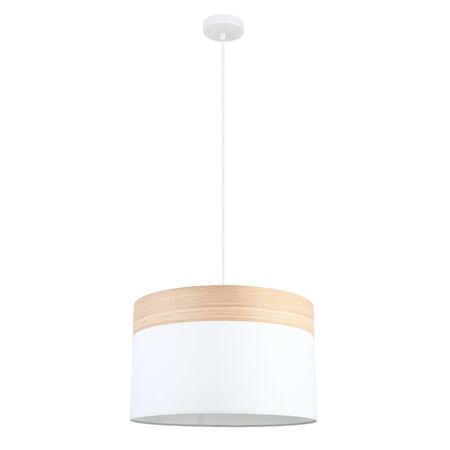 Pendant ES White Cloth Round Wood Trim Large 400mm CLA Lighting