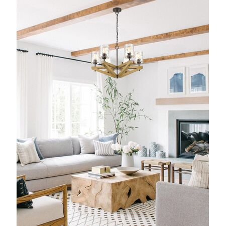 Pendant Light 6 Light ES Candelabra Oak Wood 799mm CLA Lighting