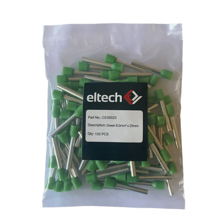 Single Cord End Ferrule 6mm² x 25mm Green Pack of 100 Eltech