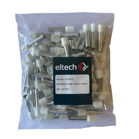 Single Cord End Ferrule 16mm² x 25mm White Pack of 100 Eltech