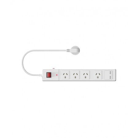 Powerboard Main Switched 4 Outlet Dual USB-A 2400W White Trader