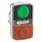 Harmony XB4, Illuminated double-headed push-button head, metal, Ø22, 1 green flush + 1 pilot light + 1 red projecting, unmarked